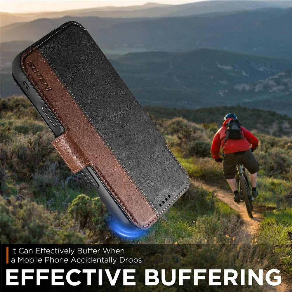 SUTENI Q-07 For iPhone Air Case Magnetic Color Splicing Cowhide Texture Leather Cover - Black - 7
