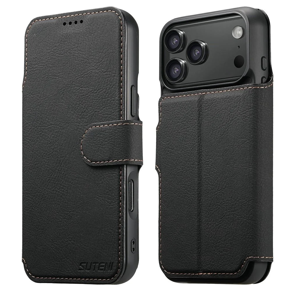 SUTENI Q-05 For iPhone 17 Pro Max Case Detachable Wallet Stand Litchi Texture Leather Flip Phone Cover - Black - 1