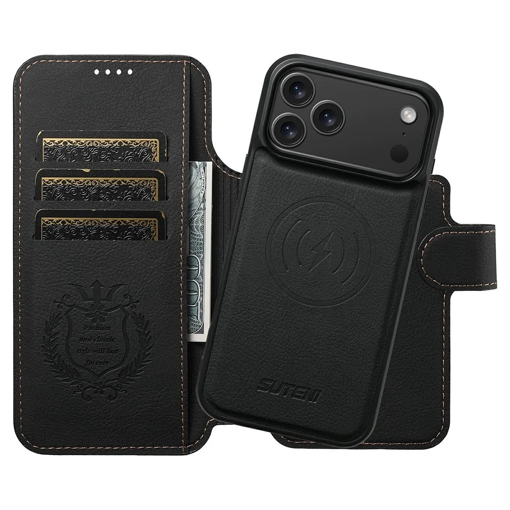 SUTENI Q-05 For iPhone 17 Pro Max Case Detachable Wallet Stand Litchi Texture Leather Flip Phone Cover - Black - 4