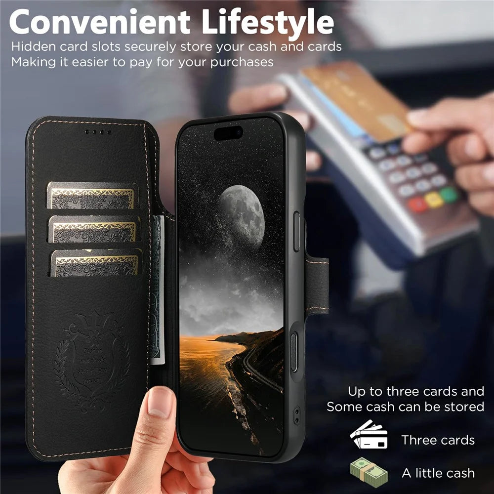 SUTENI Q-05 For iPhone 17 Pro Max Case Detachable Wallet Stand Litchi Texture Leather Flip Phone Cover - Black - 5