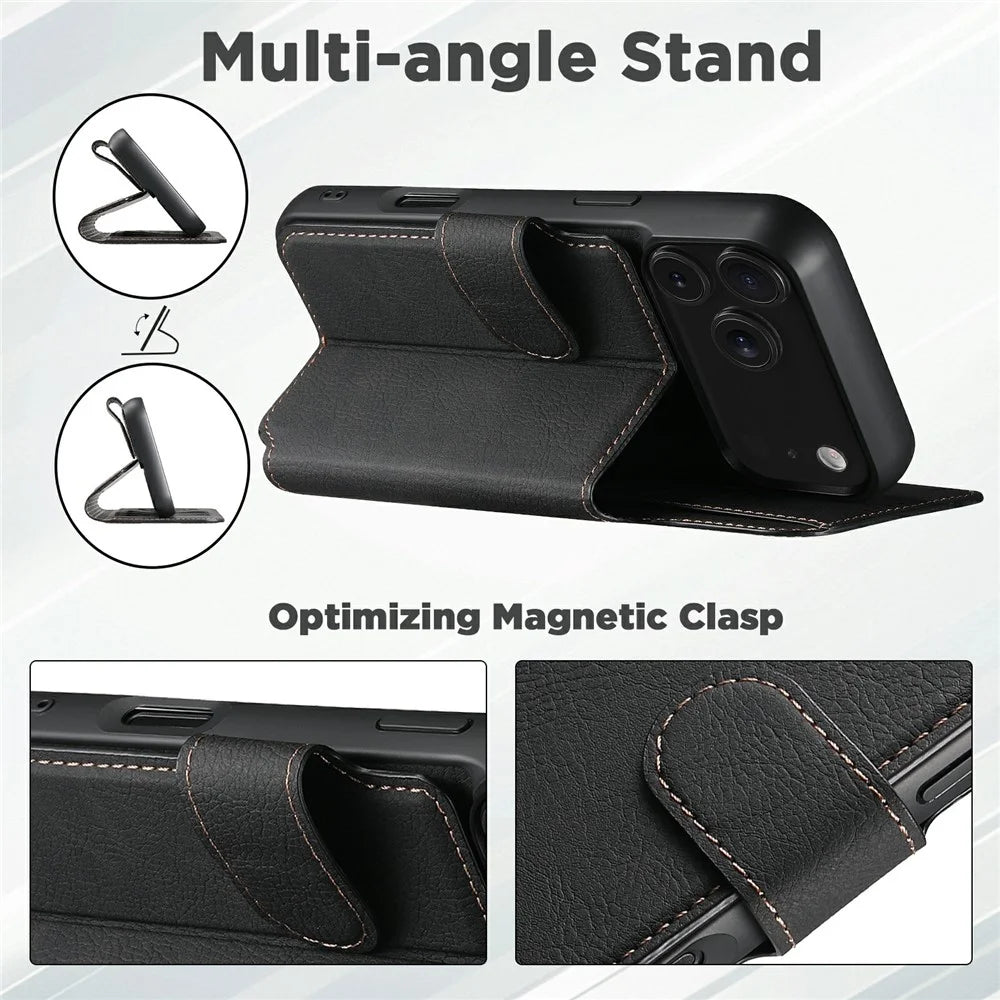 SUTENI Q-05 For iPhone 17 Pro Max Case Detachable Wallet Stand Litchi Texture Leather Flip Phone Cover - Black - 6