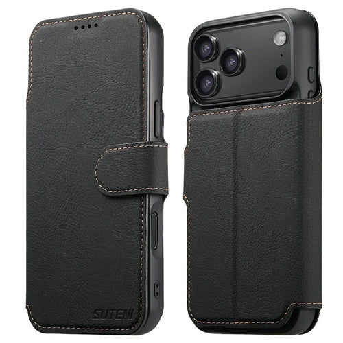 SUTENI Q-05 For iPhone 17 Pro Case Detachable Wallet Stand Litchi Texture Leather Flip Phone Cover - Black - 1