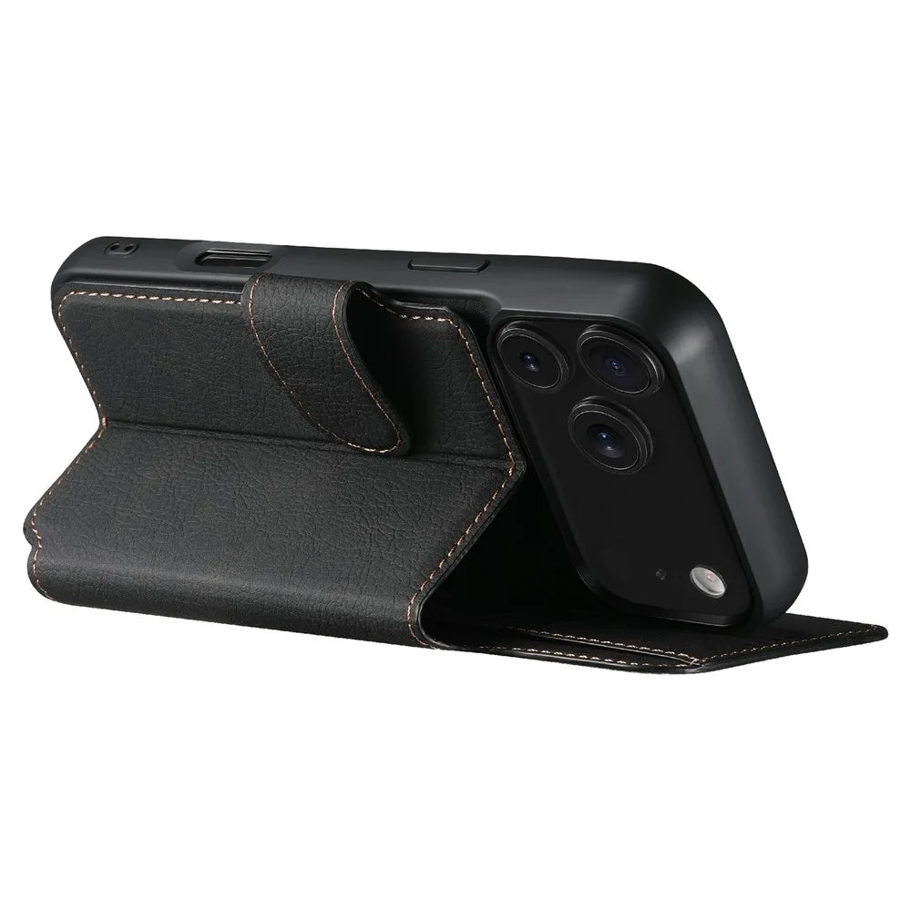 SUTENI Q-05 For iPhone 17 Pro Case Detachable Wallet Stand Litchi Texture Leather Flip Phone Cover - Black - 3