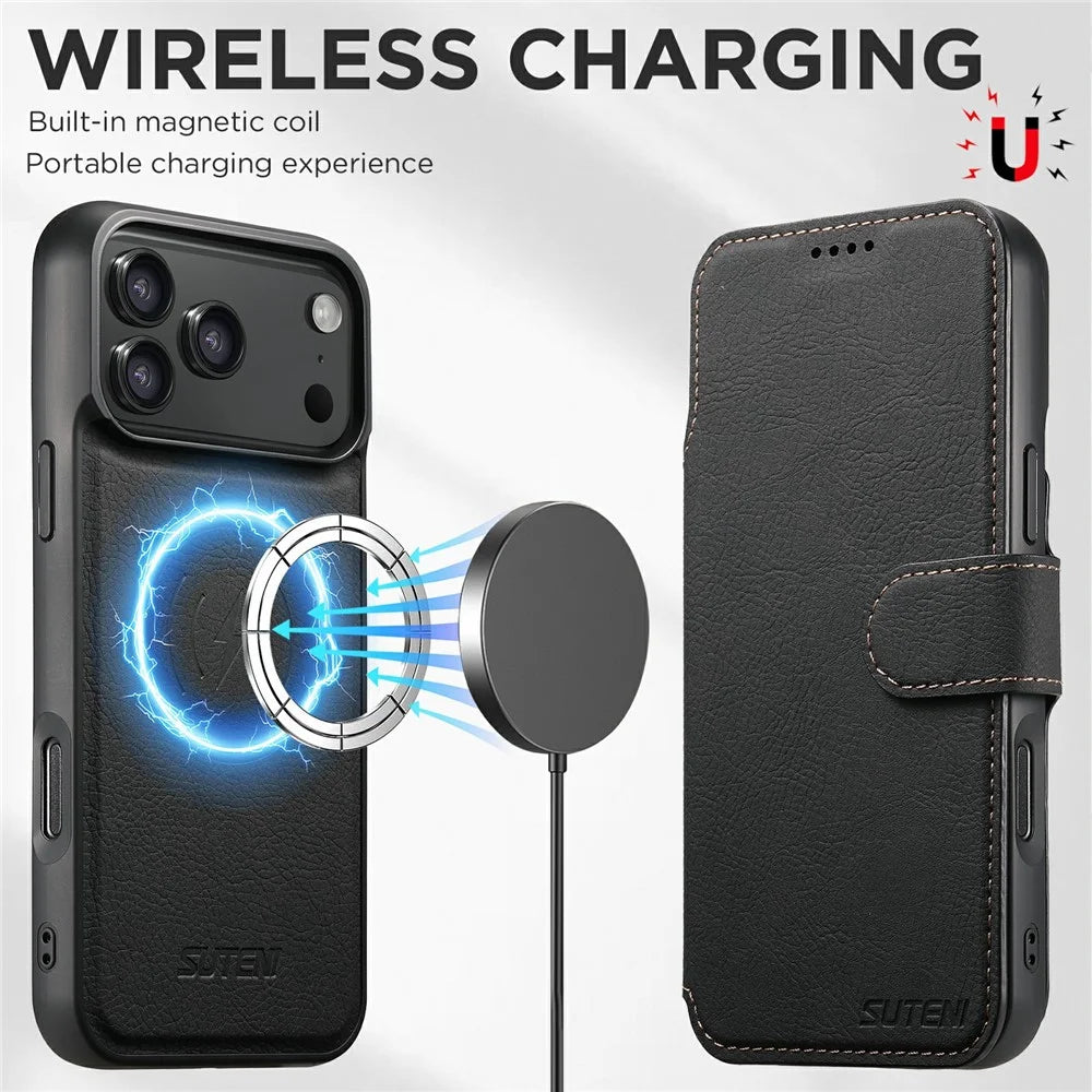 SUTENI Q-05 For iPhone 17 Pro Case Detachable Wallet Stand Litchi Texture Leather Flip Phone Cover - Black - 7