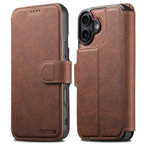 SUTENI Q-05 For iPhone 17 Case Detachable Wallet Stand Litchi Texture Leather Flip Phone Cover - Brown - 1