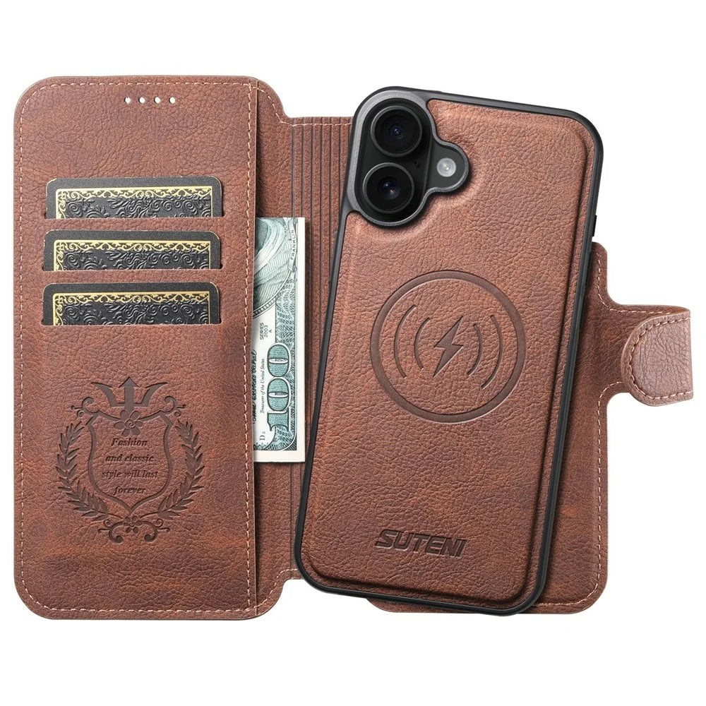 SUTENI Q-05 For iPhone 17 Case Detachable Wallet Stand Litchi Texture Leather Flip Phone Cover - Brown - 4
