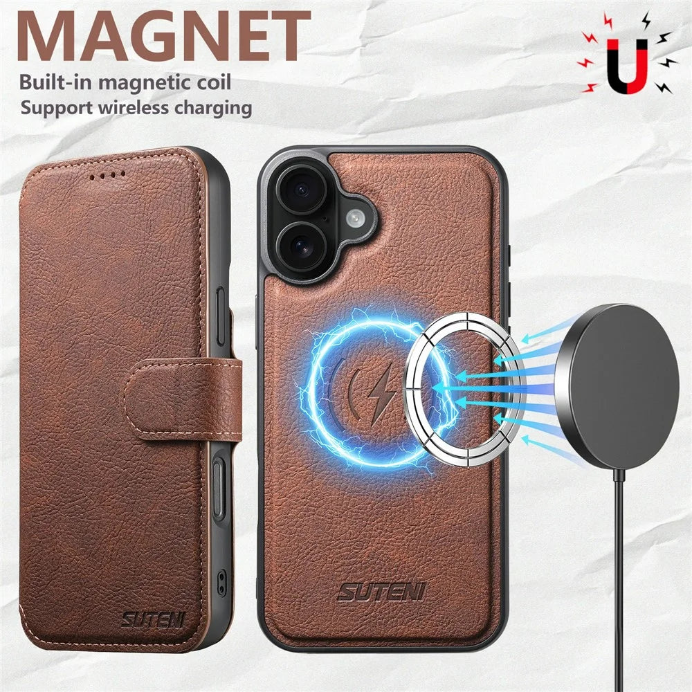 SUTENI Q-05 For iPhone 17 Case Detachable Wallet Stand Litchi Texture Leather Flip Phone Cover - Brown - 6