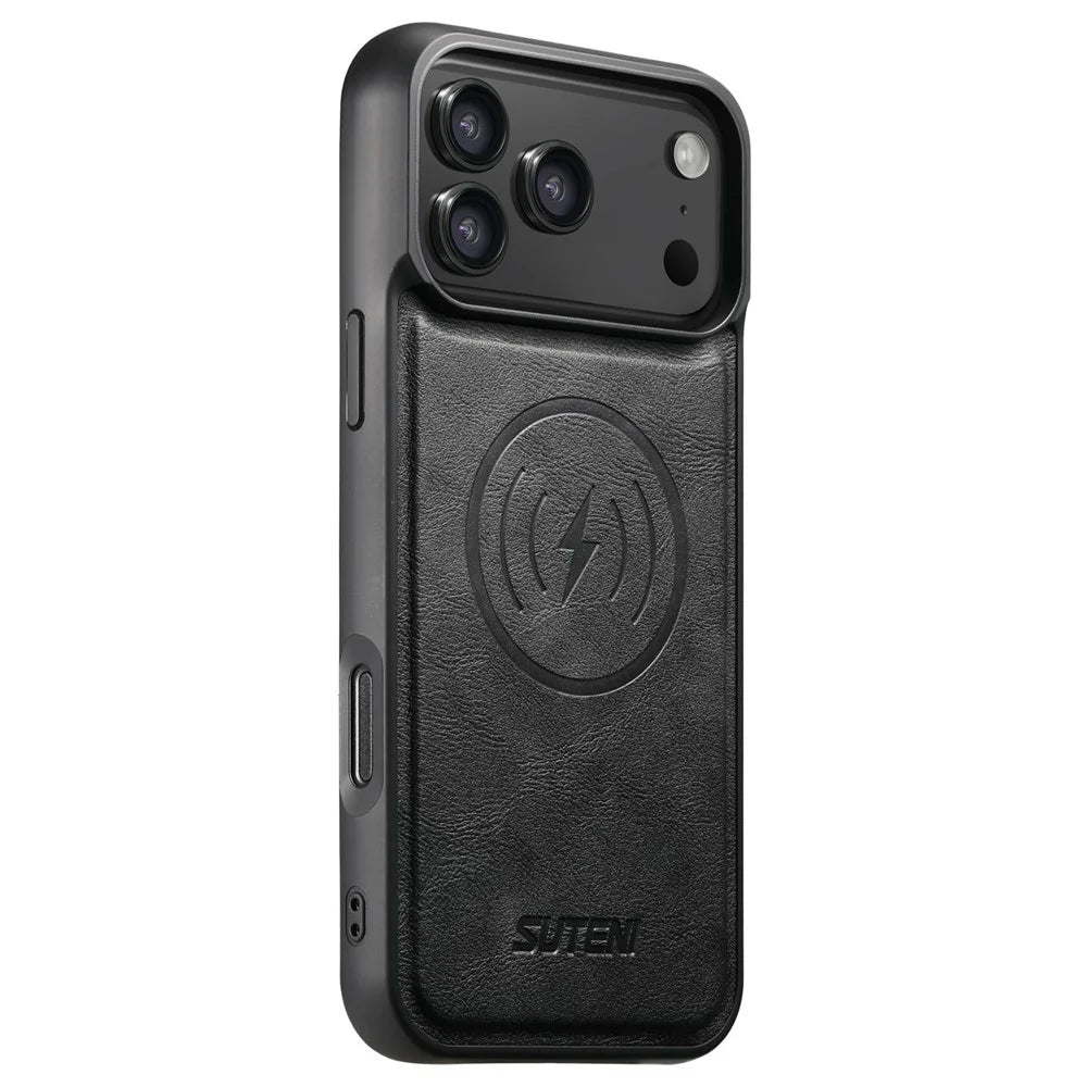 SUTENI G5 For iPhone 17 Pro Case Compatible with MagSafe Cowhide Texture Leather Back Cover - Black - 1