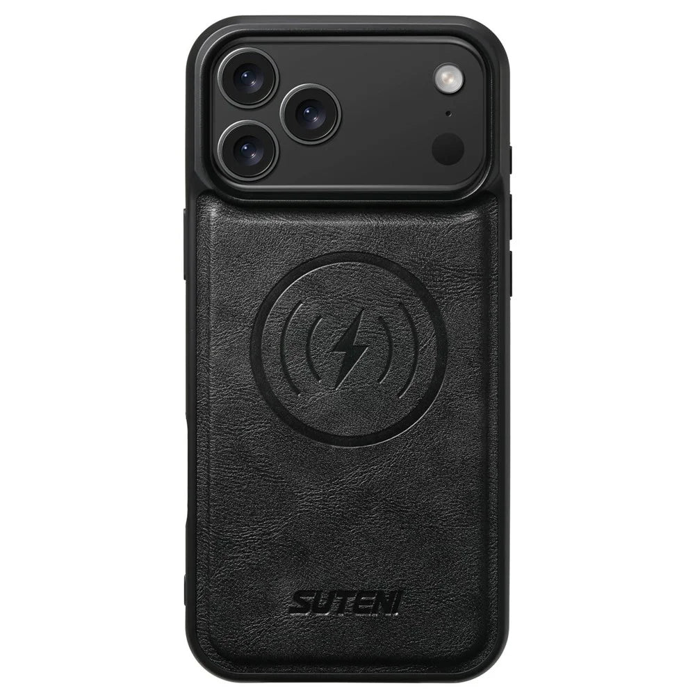 SUTENI G5 For iPhone 17 Pro Case Compatible with MagSafe Cowhide Texture Leather Back Cover - Black - 2