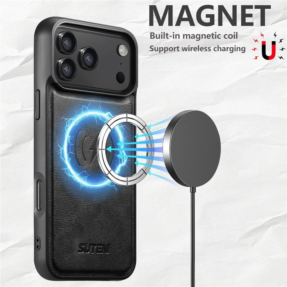 SUTENI G5 For iPhone 17 Pro Case Compatible with MagSafe Cowhide Texture Leather Back Cover - Black - 3