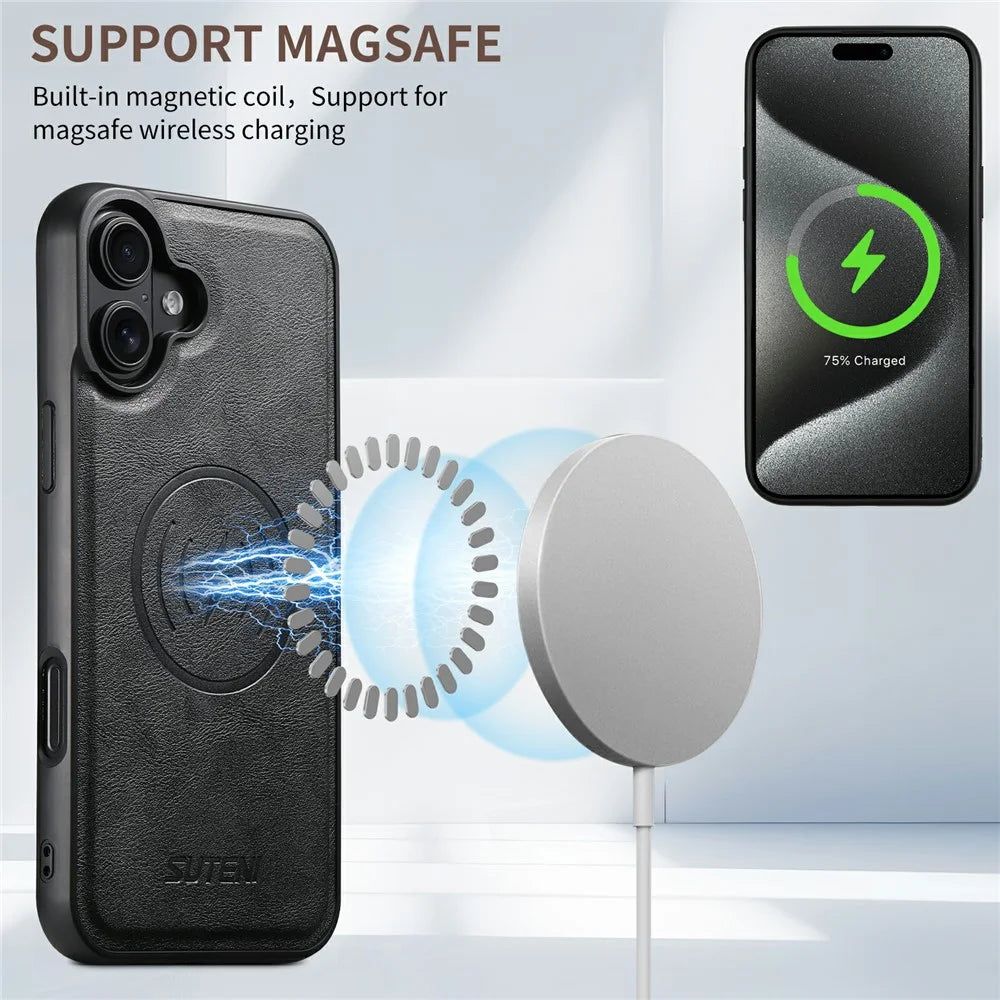 SUTENI G5 For iPhone 17 Case Compatible with MagSafe Cowhide Texture Leather Back Cover - Black - 4