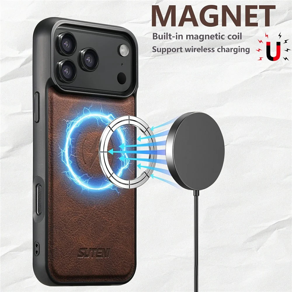 SUTENI G5 For iPhone 17 Pro Max Case Compatible with MagSafe Litchi Texture Leather Back Cover - Brown - 3