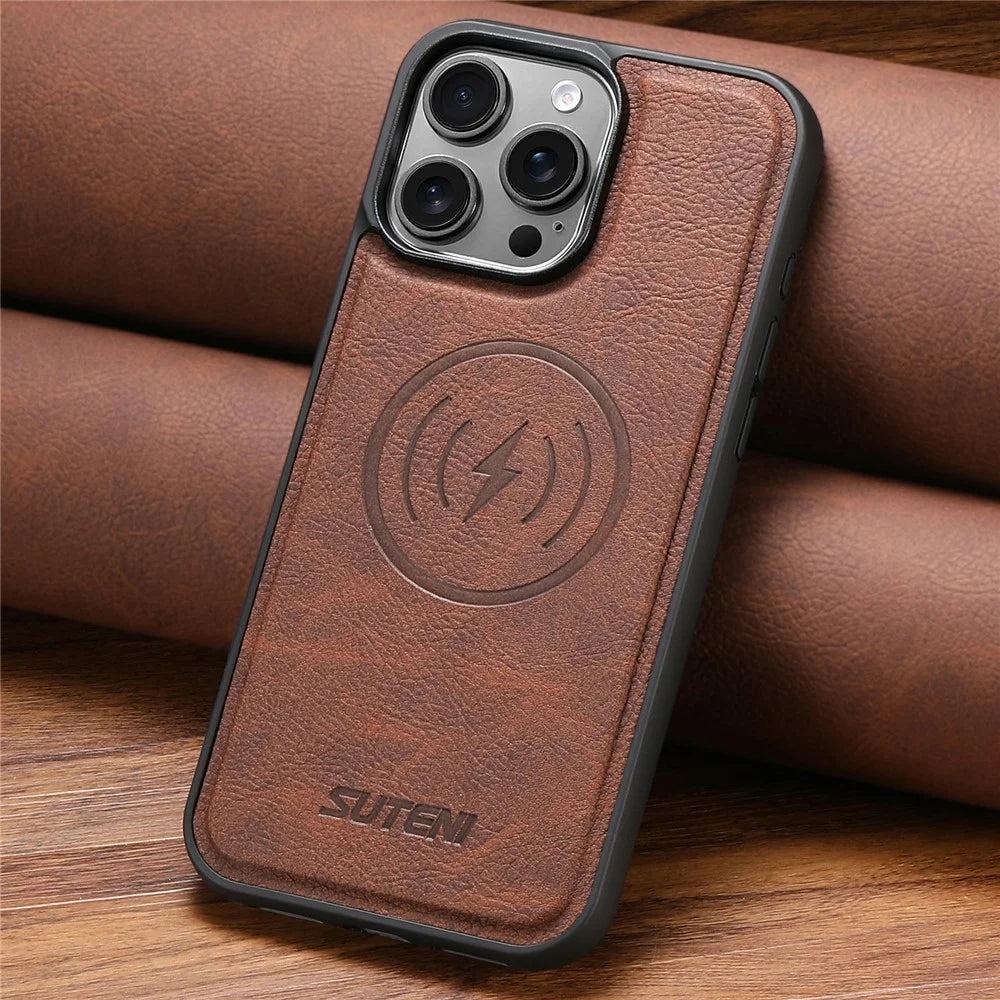 SUTENI G5 For iPhone 17 Pro Max Case Compatible with MagSafe Litchi Texture Leather Back Cover - Brown - 5