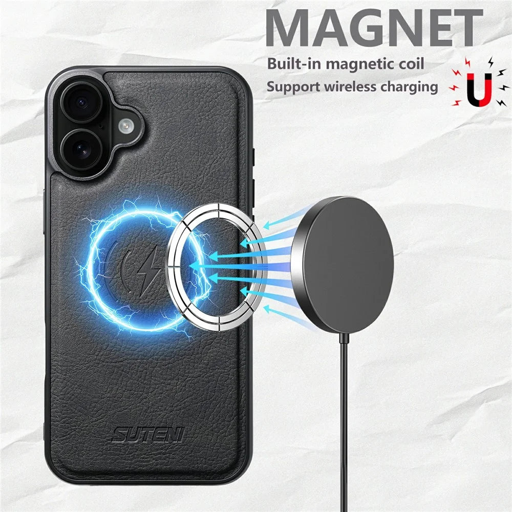 SUTENI G5 For iPhone 17 Case Compatible with MagSafe Litchi Texture Leather Back Cover - Black - 2