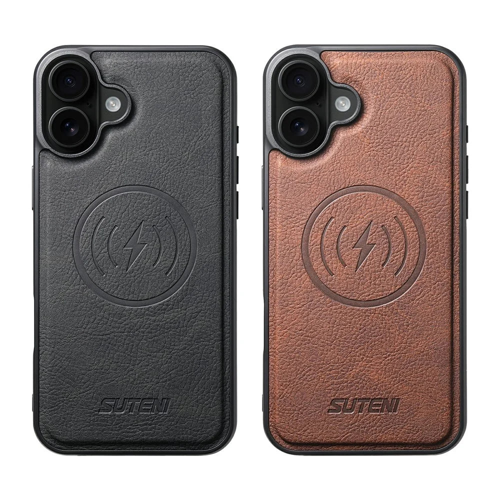 SUTENI G5 For iPhone 17 Case Compatible with MagSafe Litchi Texture Leather Back Cover - Black - 3