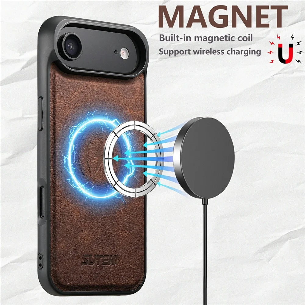 SUTENI G5 For iPhone Air Case Compatible with MagSafe Litchi Texture Leather Back Cover - Brown - 3