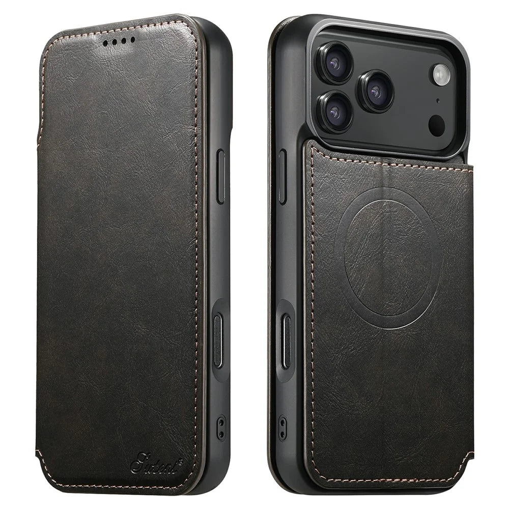 SUTENI J05 For iPhone 17 Pro Max Case Compatible with MagSafe Textured PU Leather Flip Phone Cover - Black - 1