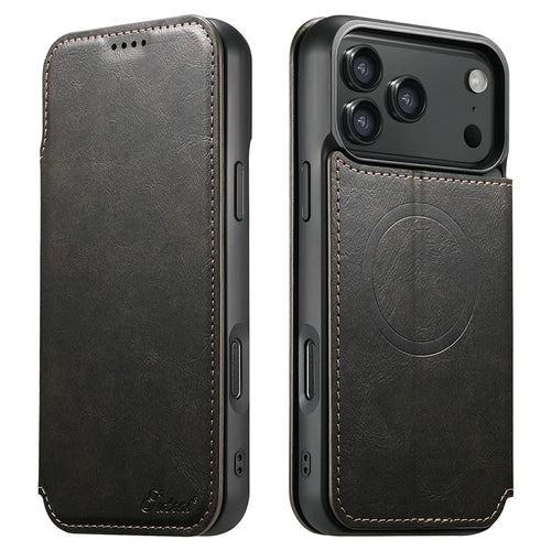 SUTENI J05 For iPhone 17 Pro Max Case Compatible with MagSafe Textured PU Leather Flip Phone Cover - Black - 1
