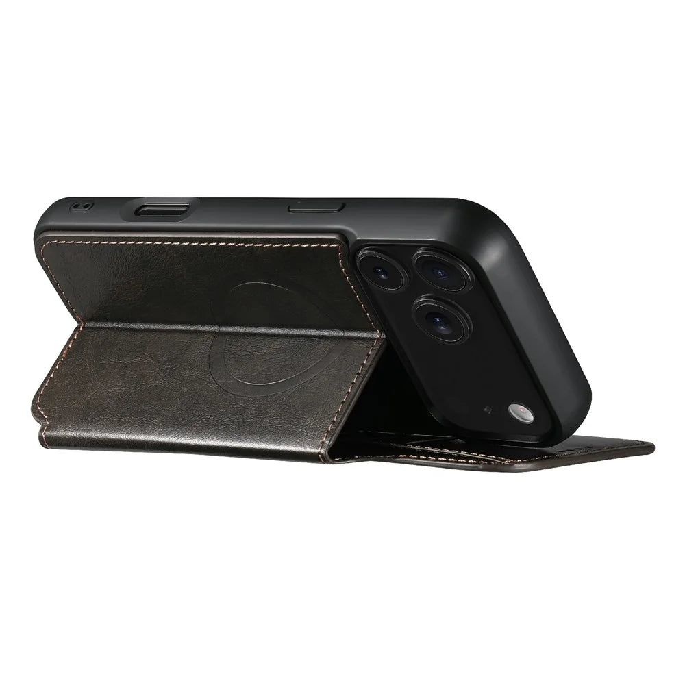 SUTENI J05 For iPhone 17 Pro Max Case Compatible with MagSafe Textured PU Leather Flip Phone Cover - Black - 4