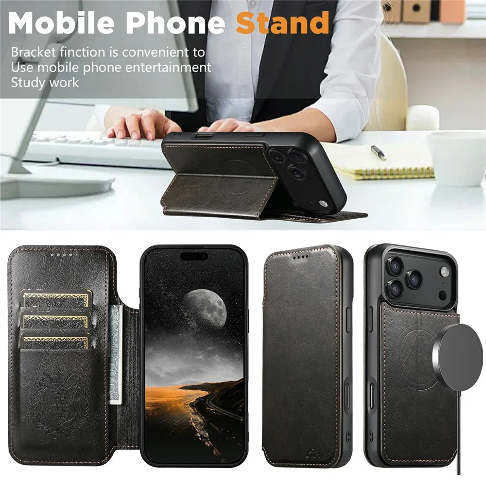 SUTENI J05 For iPhone 17 Pro Max Case Compatible with MagSafe Textured PU Leather Flip Phone Cover - Black - 5