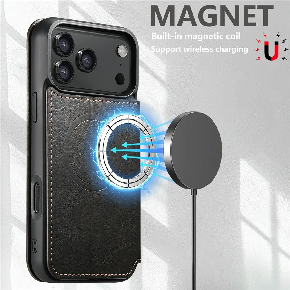 SUTENI J05 For iPhone 17 Pro Max Case Compatible with MagSafe Textured PU Leather Flip Phone Cover - Black - 7