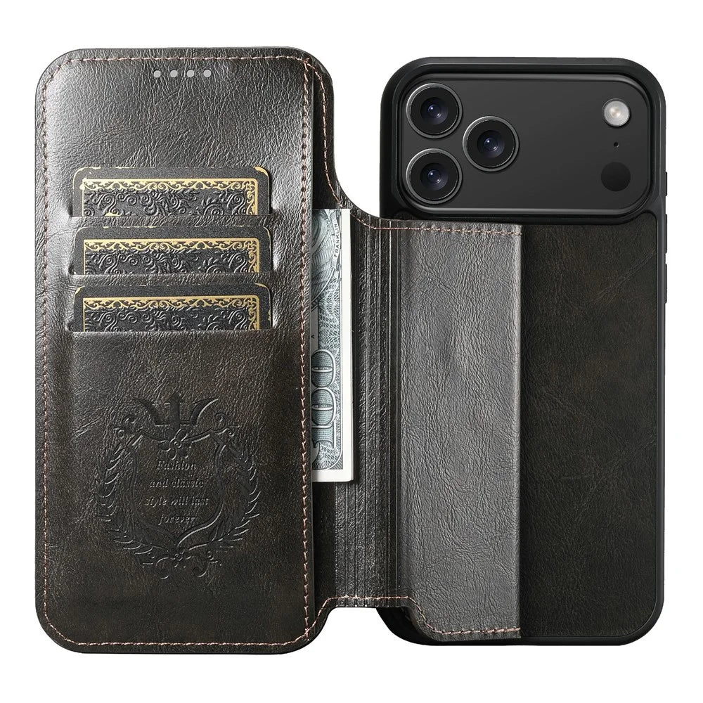 SUTENI J05 For iPhone 17 Pro Case Compatible with MagSafe Textured PU Leather Flip Phone Cover - Black - 3