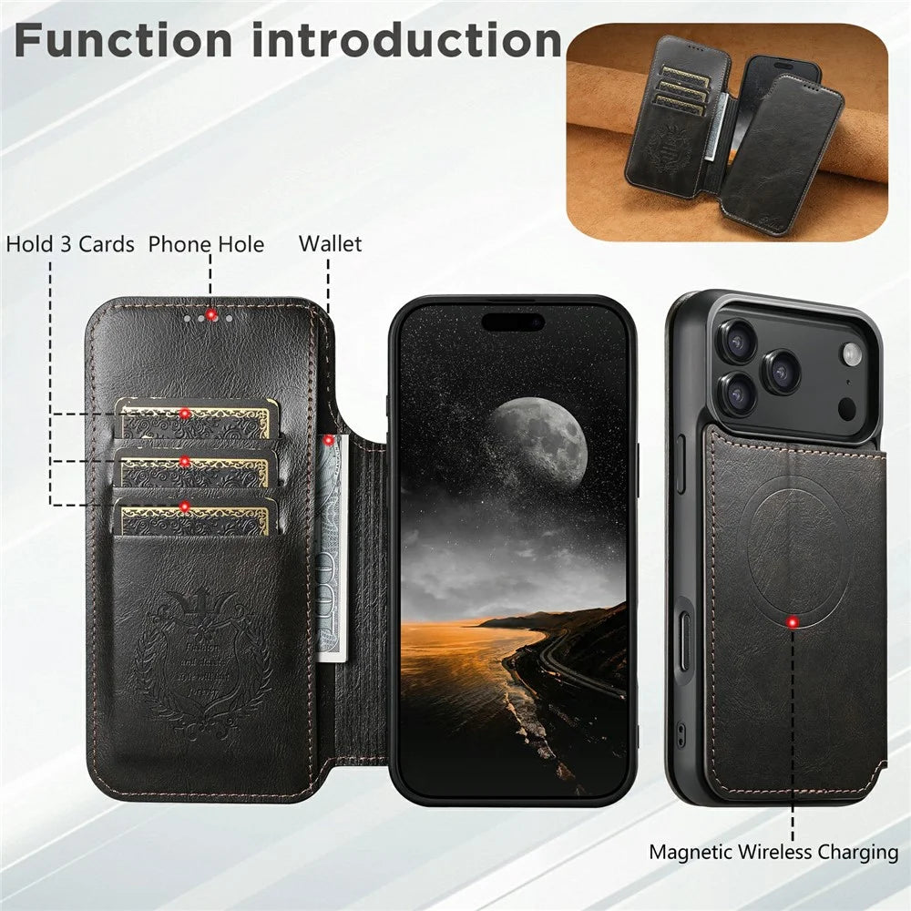 SUTENI J05 For iPhone 17 Pro Case Compatible with MagSafe Textured PU Leather Flip Phone Cover - Black - 6