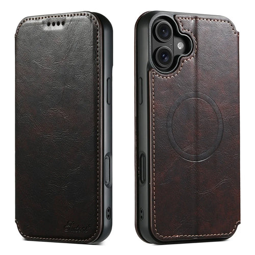 SUTENI J05 For iPhone 17 Case Compatible with MagSafe Textured PU Leather Flip Phone Cover - Brown - 1
