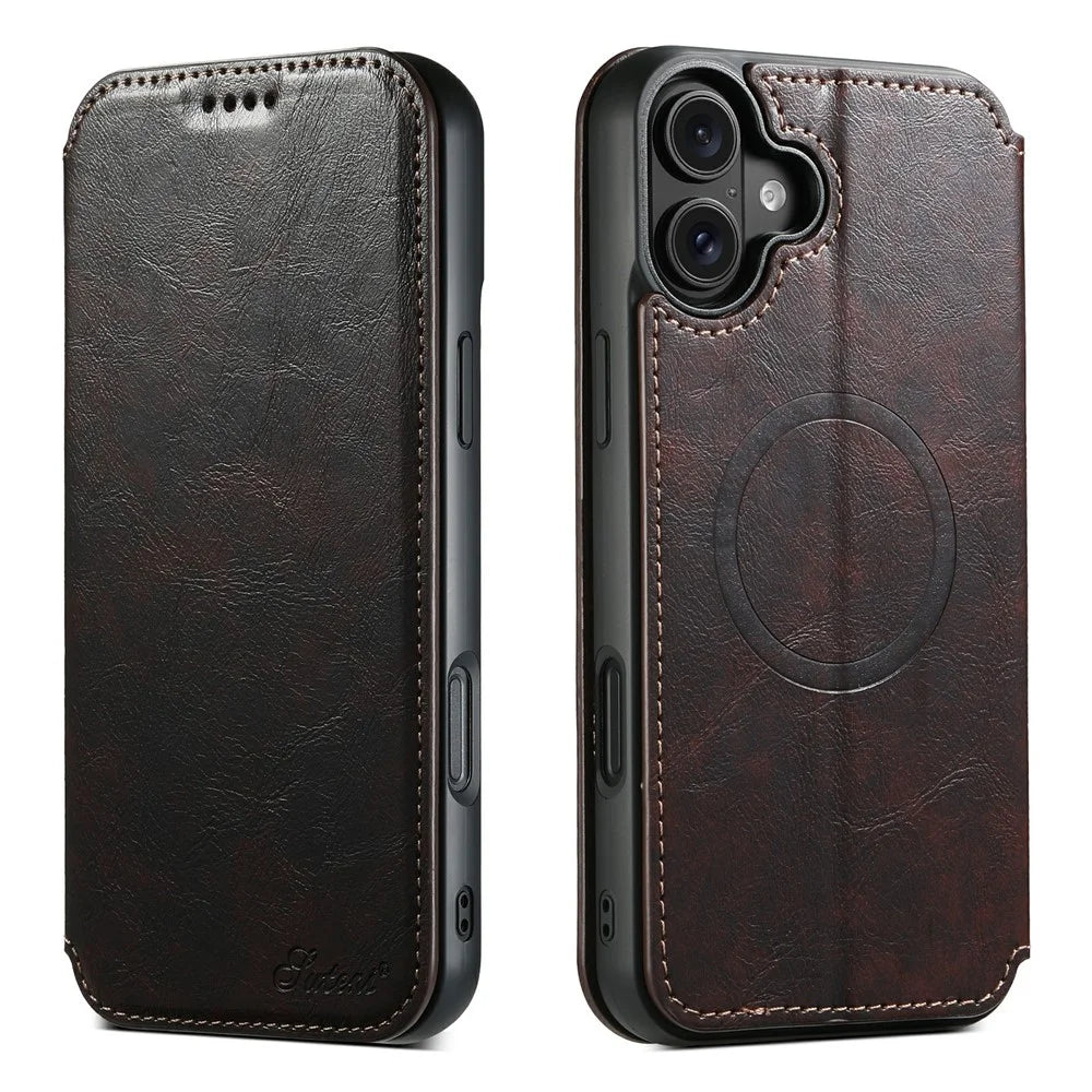 SUTENI J05 For iPhone 17 Case Compatible with MagSafe Textured PU Leather Flip Phone Cover - Brown - 1