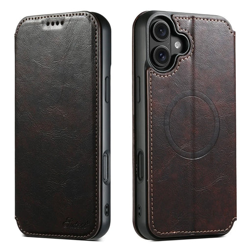 SUTENI J05 For iPhone 17 Case Compatible with MagSafe Textured PU Leather Flip Phone Cover - Brown - 1