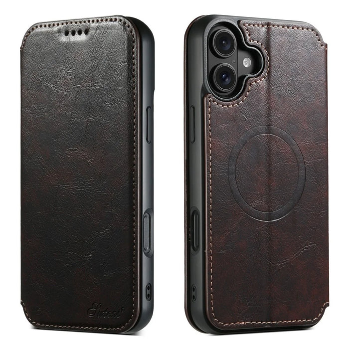 SUTENI J05 For iPhone 17 Case Compatible with MagSafe Textured PU Leather Flip Phone Cover - Brown - 1