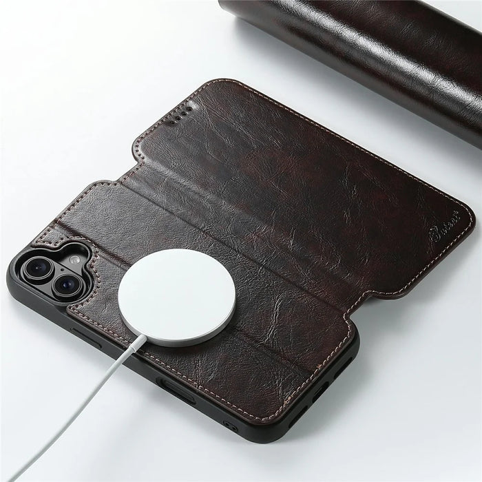 SUTENI J05 For iPhone 17 Case Compatible with MagSafe Textured PU Leather Flip Phone Cover - Brown - 3