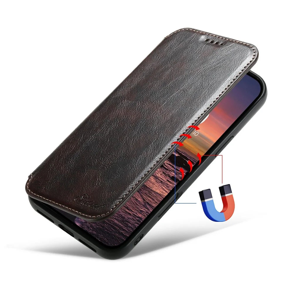 SUTENI J05 For iPhone 17 Case Compatible with MagSafe Textured PU Leather Flip Phone Cover - Brown - 5