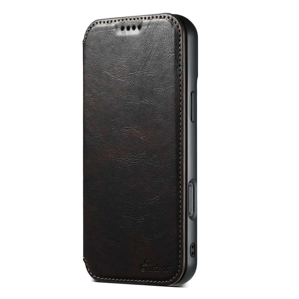SUTENI J05 For iPhone 17 Case Compatible with MagSafe Textured PU Leather Flip Phone Cover - Brown - 6