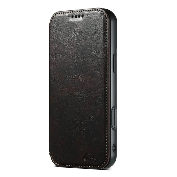 SUTENI J05 For iPhone 17 Case Compatible with MagSafe Textured PU Leather Flip Phone Cover - Brown - 6