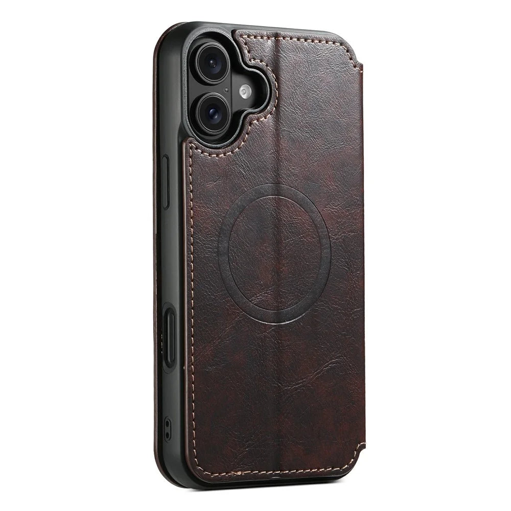 SUTENI J05 For iPhone 17 Case Compatible with MagSafe Textured PU Leather Flip Phone Cover - Brown - 7
