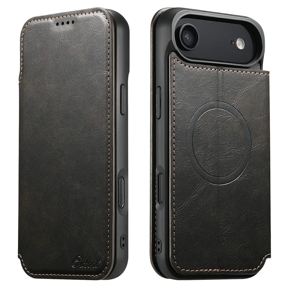 SUTENI J05 For iPhone Air Case Compatible with MagSafe Textured PU Leather Flip Phone Cover - Black - 1