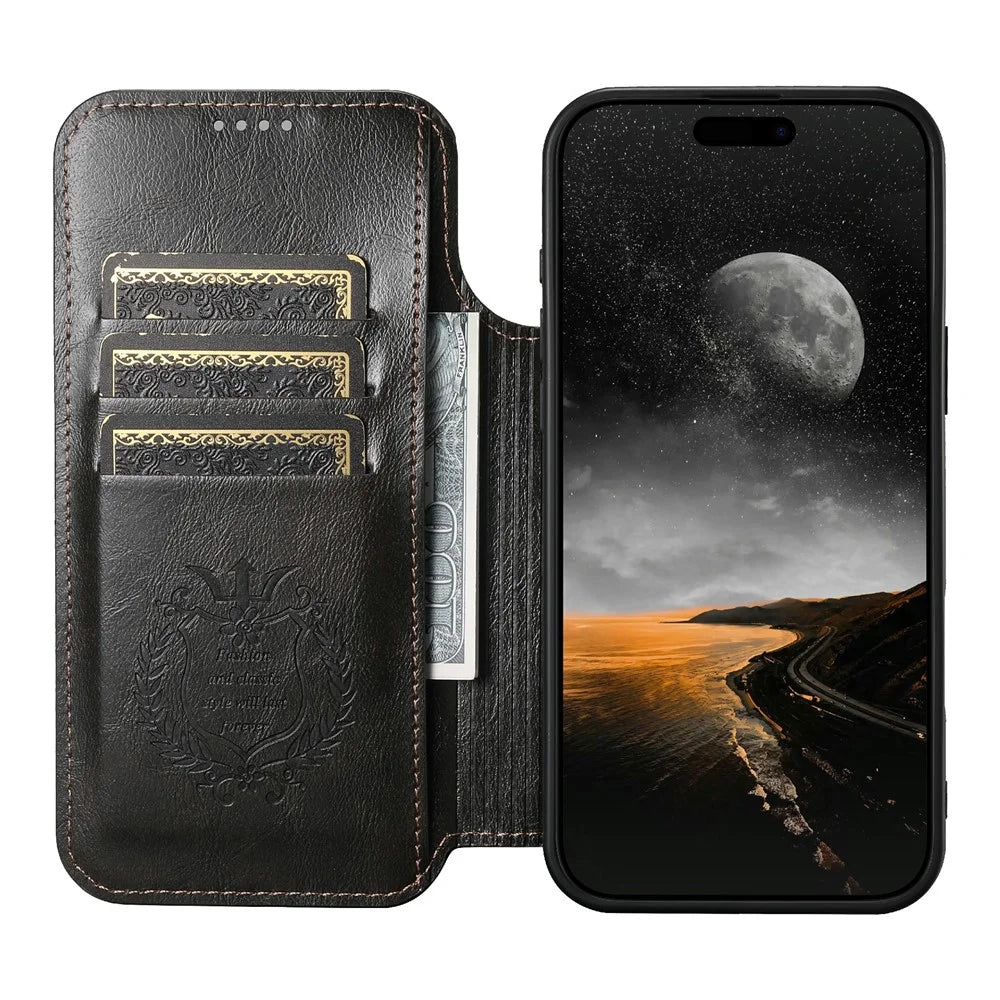 SUTENI J05 For iPhone Air Case Compatible with MagSafe Textured PU Leather Flip Phone Cover - Black - 2