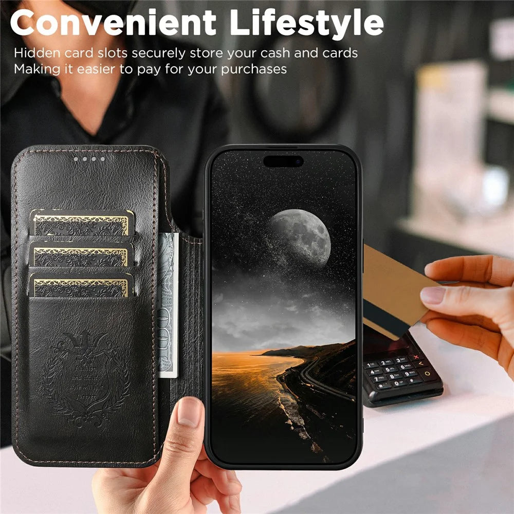 SUTENI J05 For iPhone Air Case Compatible with MagSafe Textured PU Leather Flip Phone Cover - Black - 3