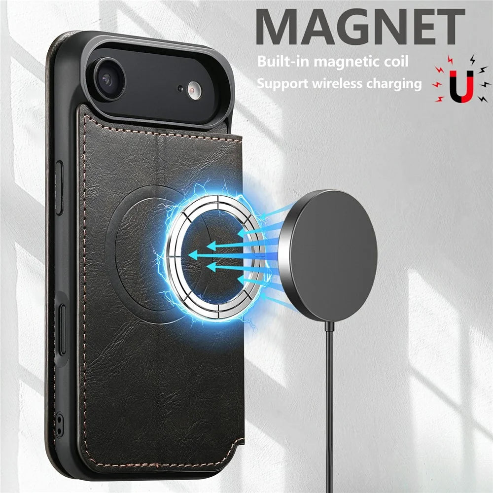SUTENI J05 For iPhone Air Case Compatible with MagSafe Textured PU Leather Flip Phone Cover - Black - 4
