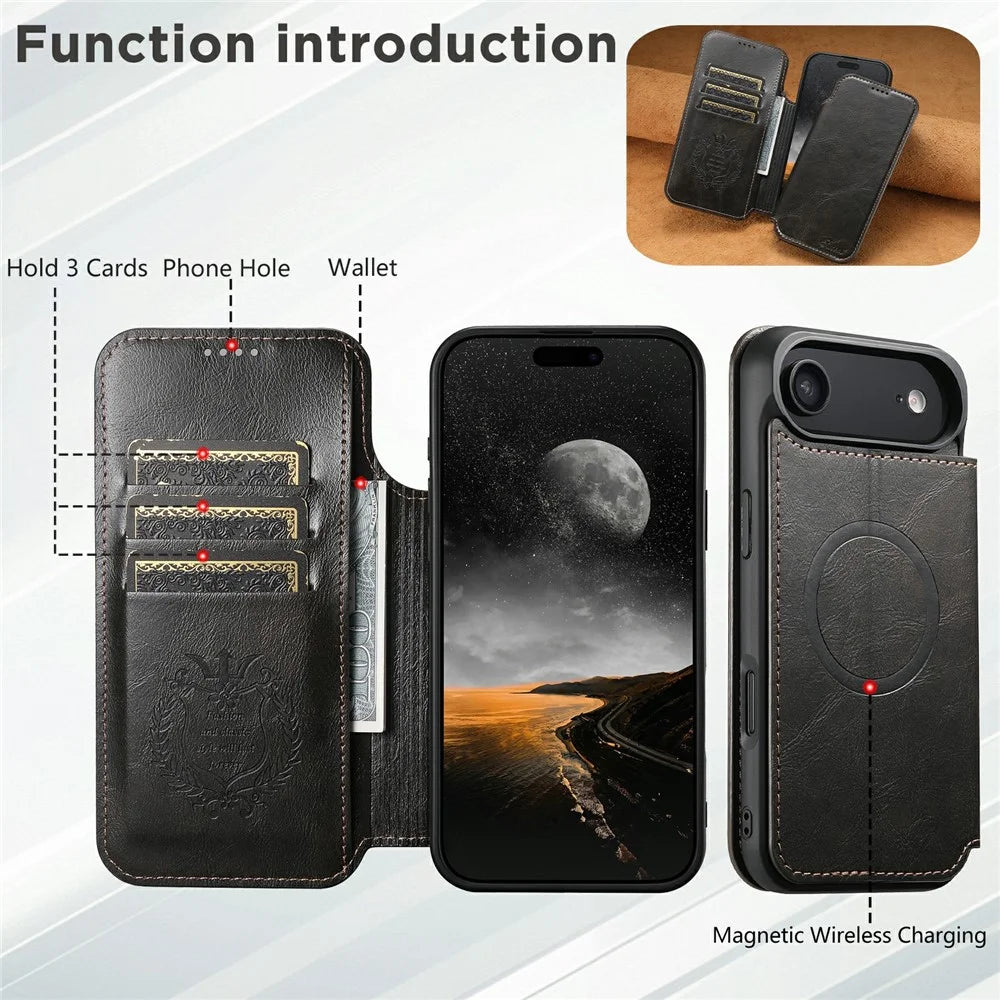 SUTENI J05 For iPhone Air Case Compatible with MagSafe Textured PU Leather Flip Phone Cover - Black - 5