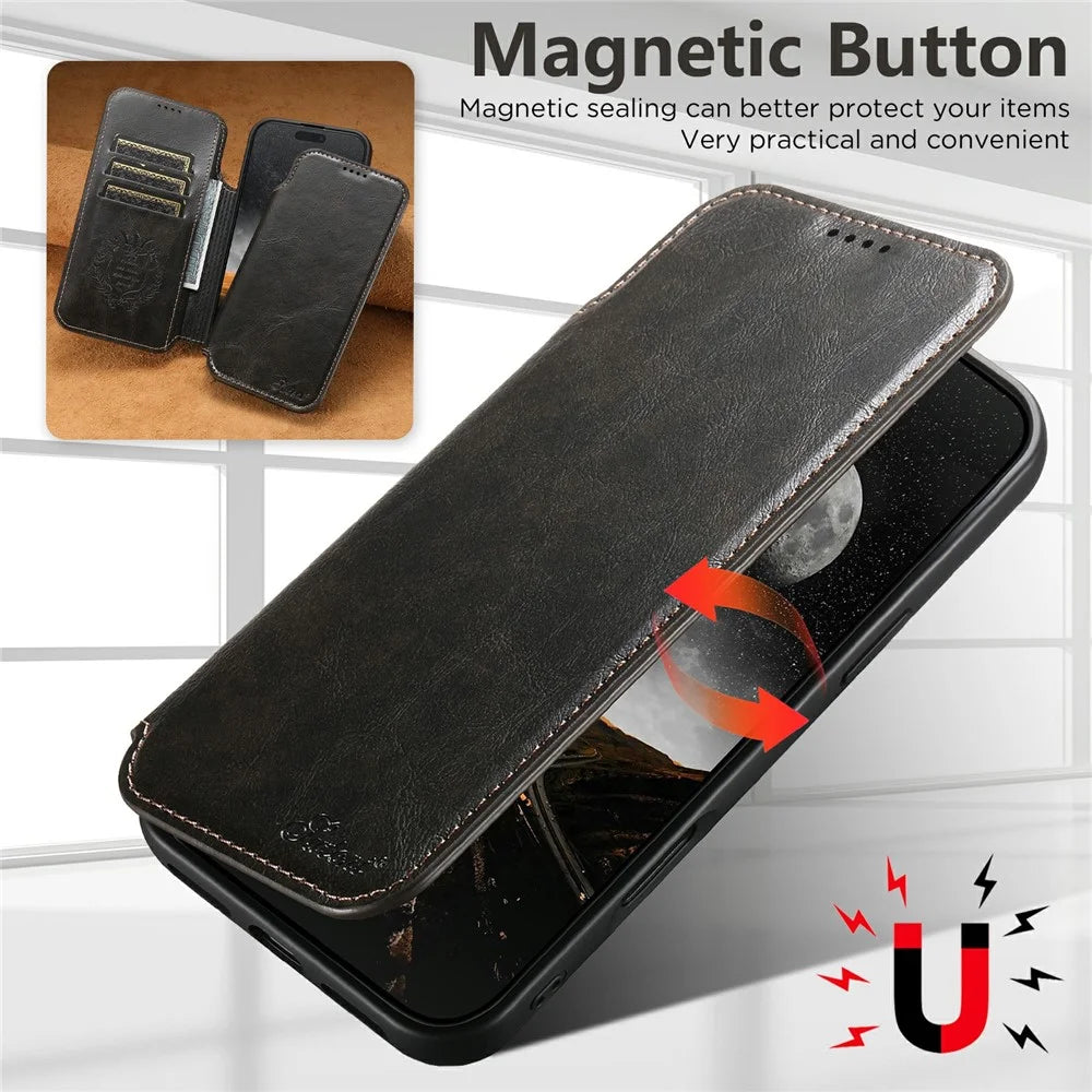 SUTENI J05 For iPhone Air Case Compatible with MagSafe Textured PU Leather Flip Phone Cover - Black - 6