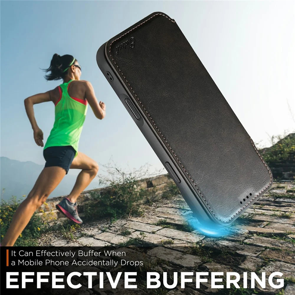 SUTENI J05 For iPhone Air Case Compatible with MagSafe Textured PU Leather Flip Phone Cover - Black - 7