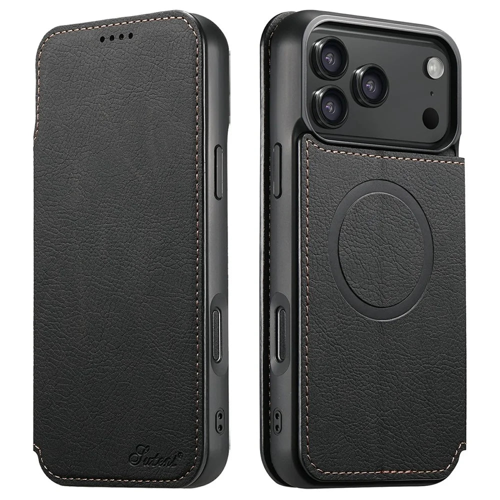 SUTENI J06 For iPhone 17 Pro Max Case Litchi Texture Leather Wallet Phone Shell Compatible with MagSafe - Black - 1