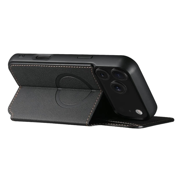 SUTENI J06 For iPhone 17 Pro Max Case Litchi Texture Leather Wallet Phone Shell Compatible with MagSafe - Black - 4