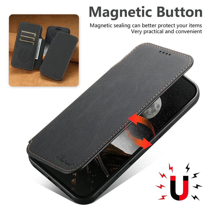SUTENI J06 For iPhone 17 Pro Max Case Litchi Texture Leather Wallet Phone Shell Compatible with MagSafe - Black - 6