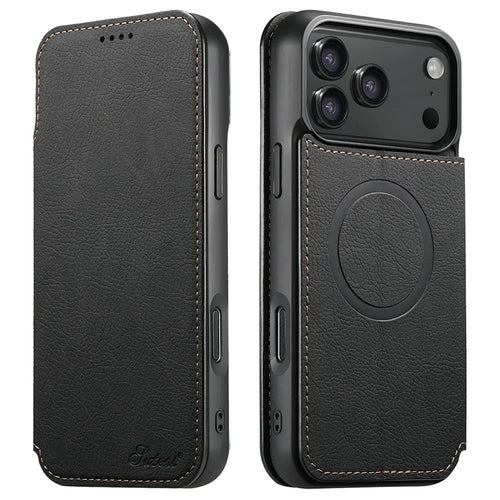 SUTENI J06 For iPhone 17 Pro Case Litchi Texture Leather Wallet Phone Shell Compatible with MagSafe - Black - 1