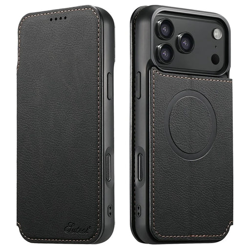 SUTENI J06 For iPhone 17 Pro Case Litchi Texture Leather Wallet Phone Shell Compatible with MagSafe - Black - 1
