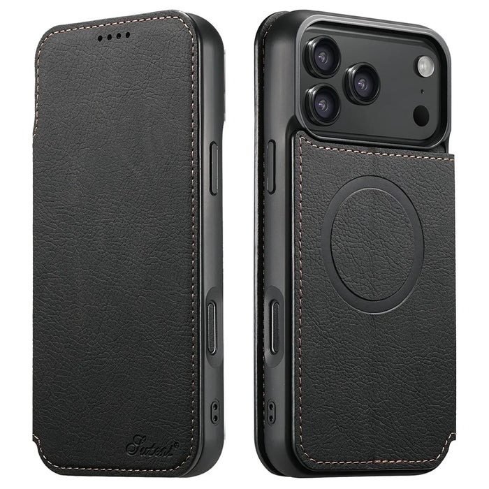 SUTENI J06 For iPhone 17 Pro Case Litchi Texture Leather Wallet Phone Shell Compatible with MagSafe - Black - 1