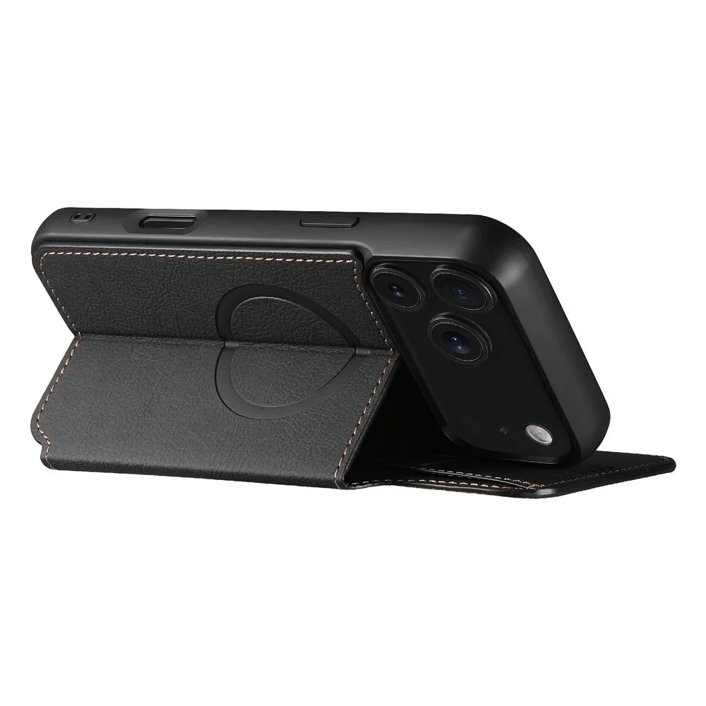 SUTENI J06 For iPhone 17 Pro Case Litchi Texture Leather Wallet Phone Shell Compatible with MagSafe - Black - 4